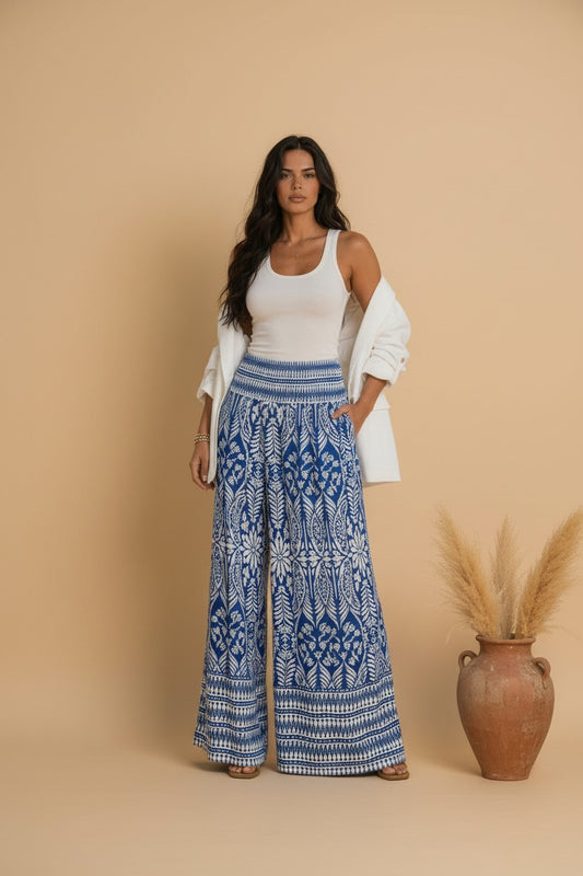 Belize Indigo Tile Wide-Leg Palazzo Pants