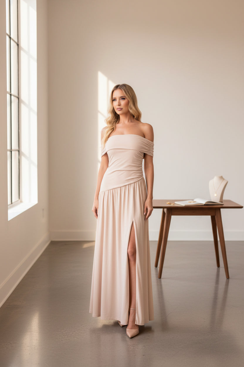 The Serene Off-Shoulder Column Dress