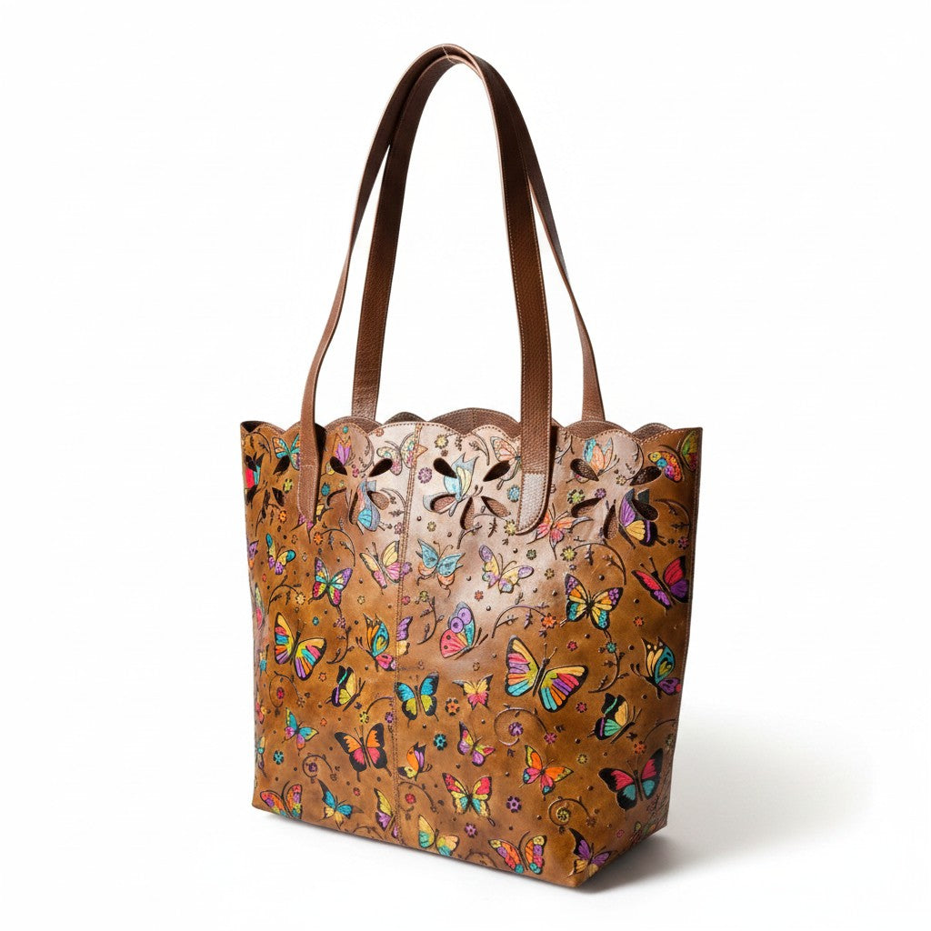 Artisan Hand-Painted Genuine Leather Butterfly Tote Bag
