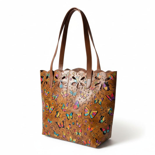 Artisan Hand-Painted Genuine Leather Butterfly Tote Bag