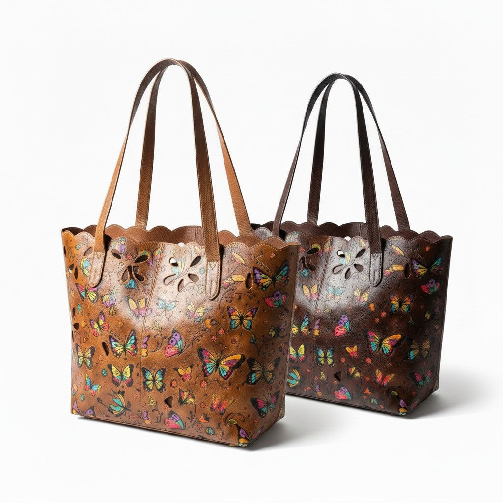 Artisan Hand-Painted Genuine Leather Butterfly Tote Bag