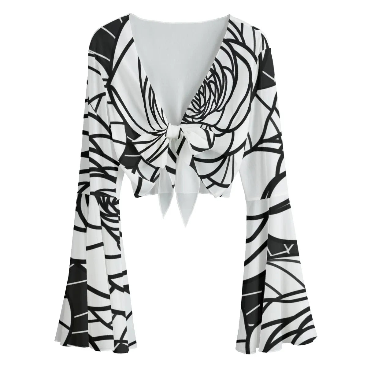 Monochrome Rose Tie-Front Bell Sleeve Blouse