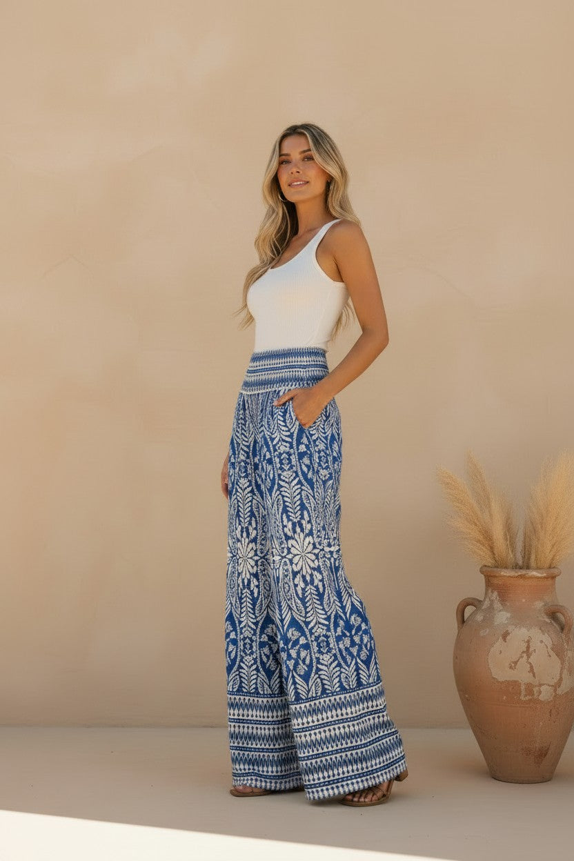 Belize Indigo Tile Wide-Leg Palazzo Pants