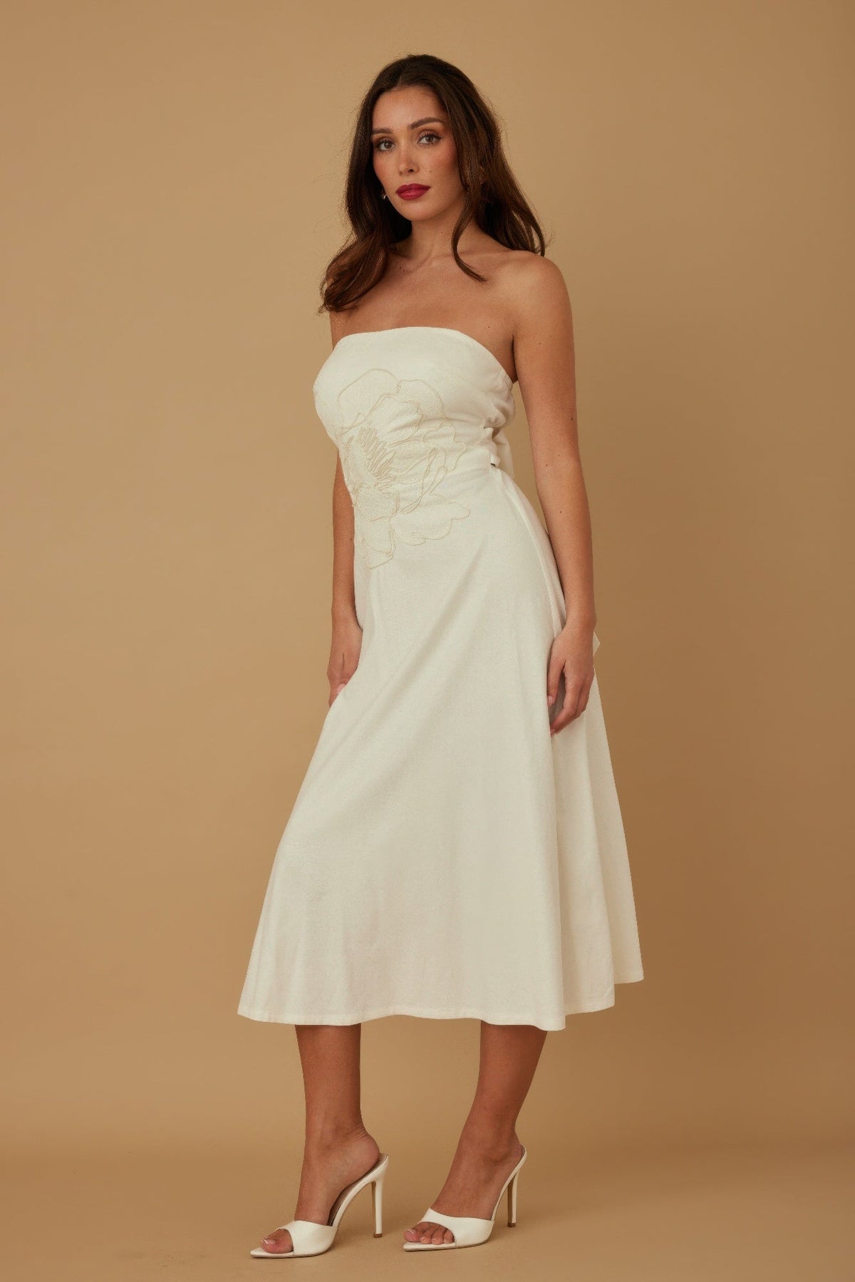 Linen Flower Pattern Strapless Dress