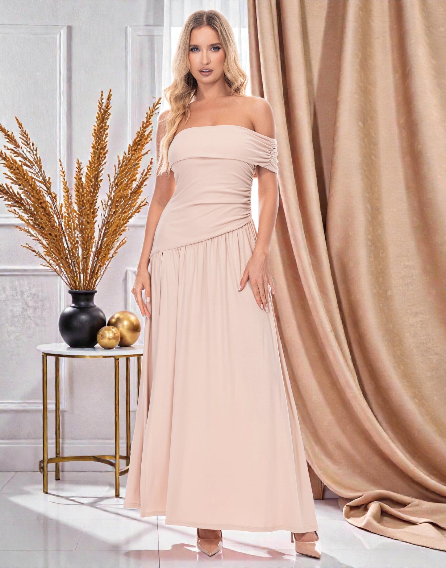 The Serene Off-Shoulder Column Dress