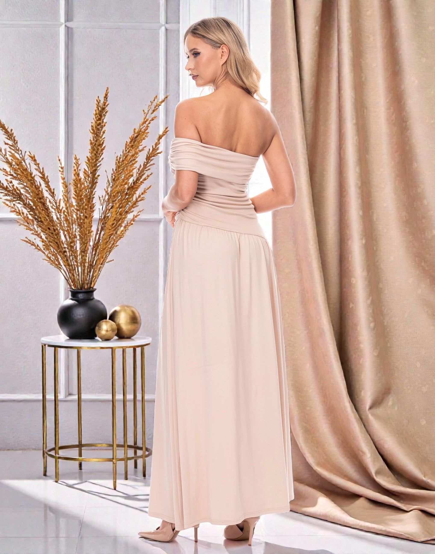 The Serene Off-Shoulder Column Dress