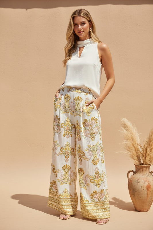 Mediterranean Damask Wide-Leg Pants