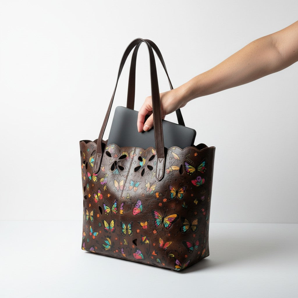 Artisan Hand-Painted Genuine Leather Butterfly Tote Bag