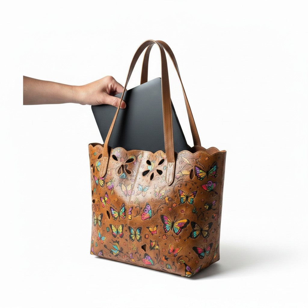 Artisan Hand-Painted Genuine Leather Butterfly Tote Bag