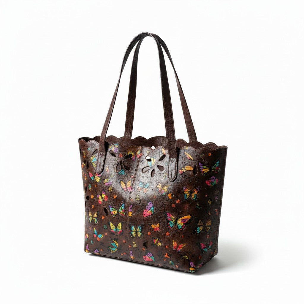 Artisan Hand-Painted Genuine Leather Butterfly Tote Bag