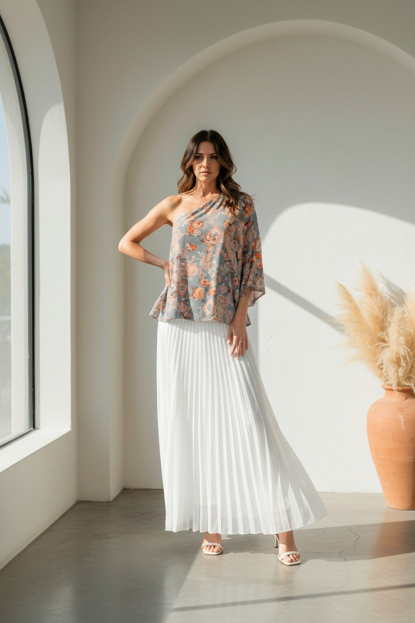 One Shoulder Floral Print Blouse