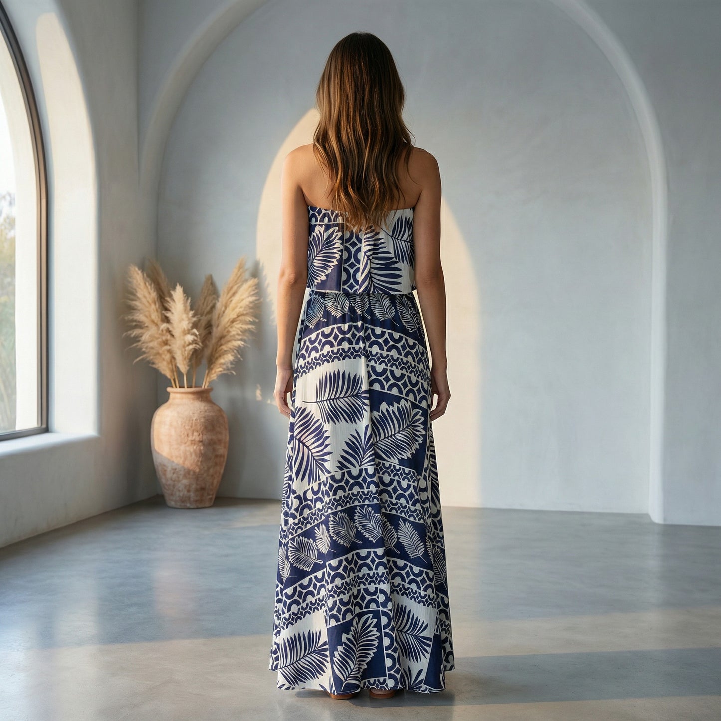 Indigo Palm Strapless Maxi Dress