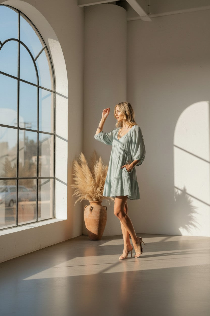 Sage Mist Tiered Tunic Dress