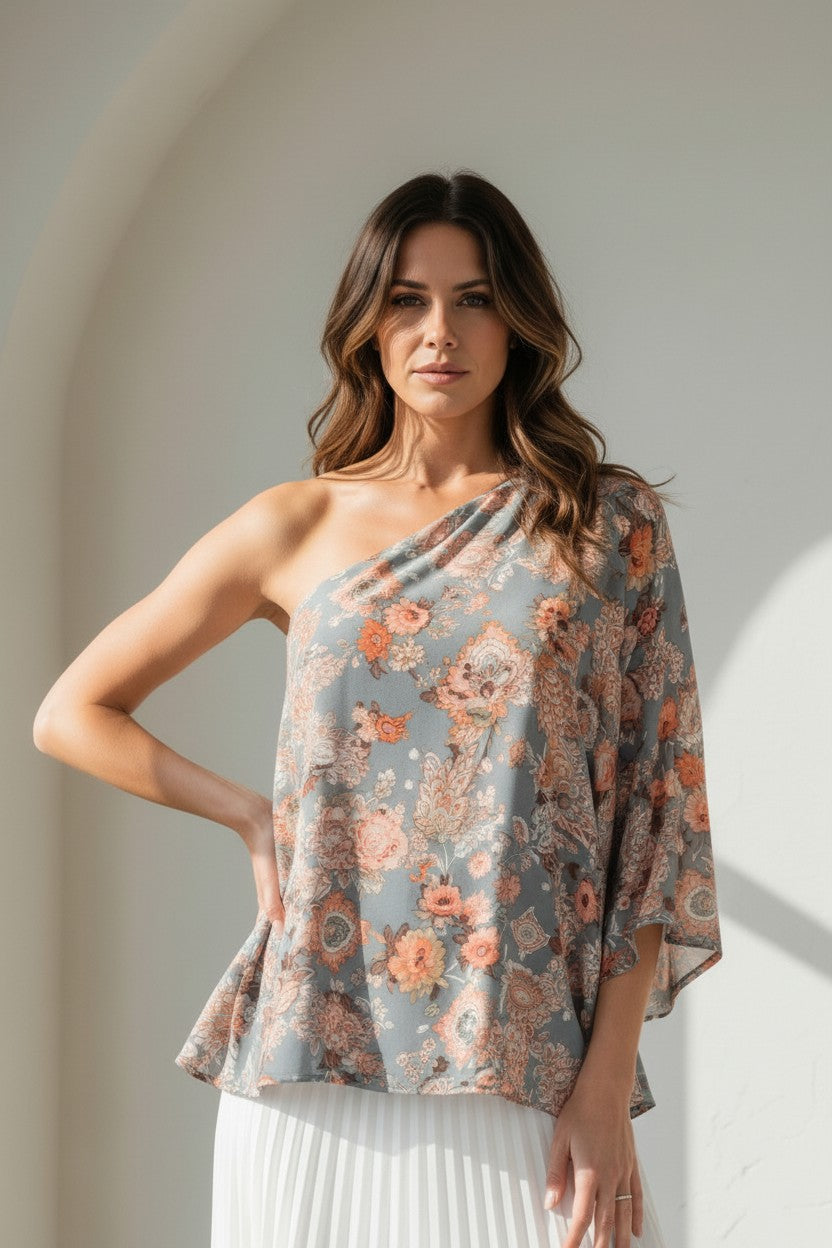 One Shoulder Floral Print Blouse