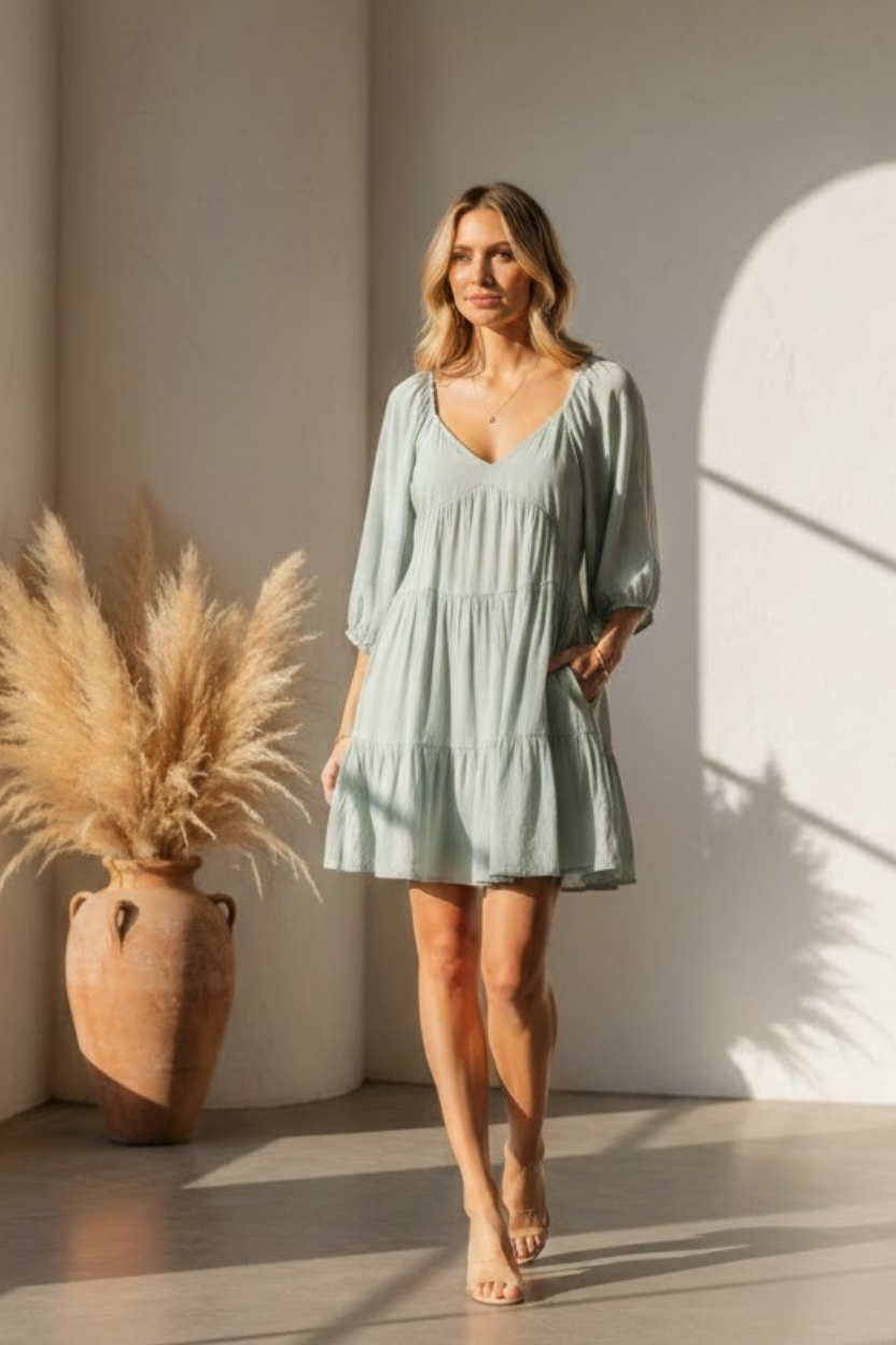 Sage Mist Tiered Tunic Dress