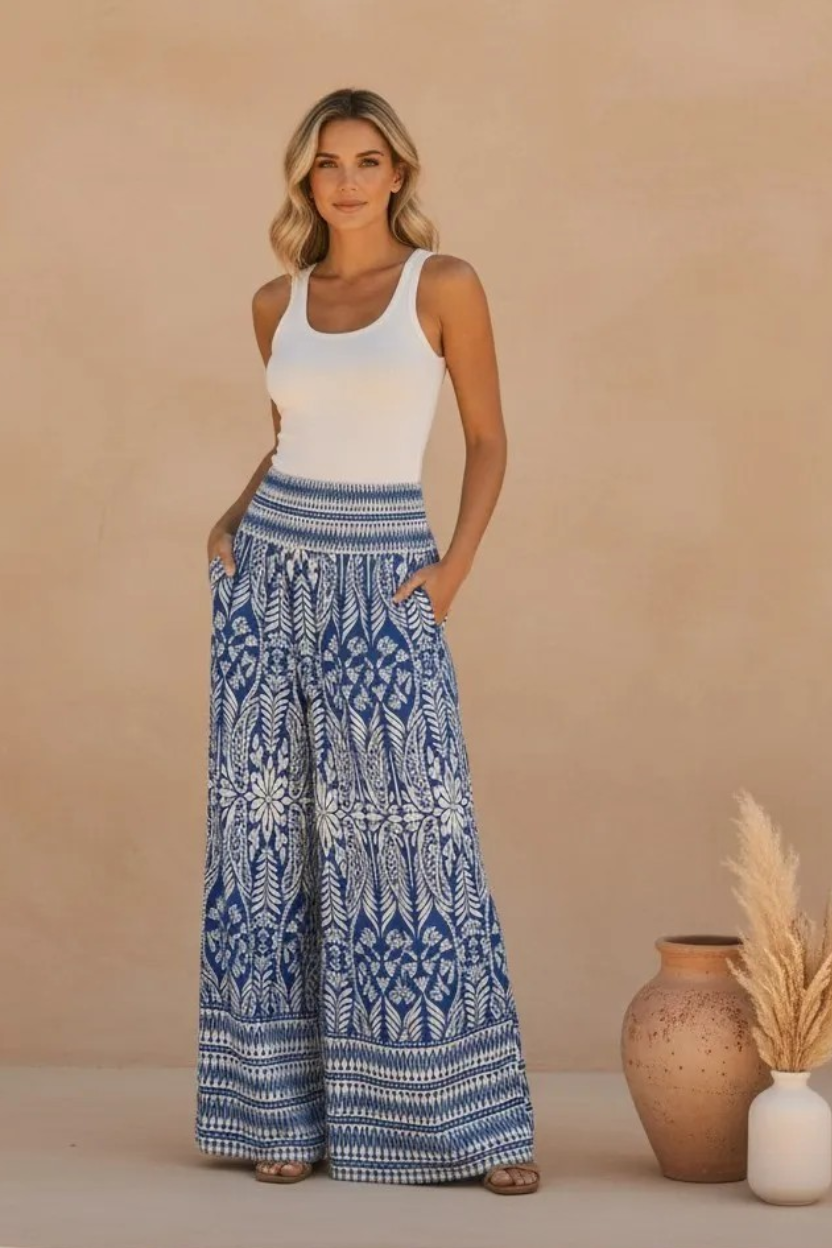 Belize Indigo Tile Wide-Leg Palazzo Pants