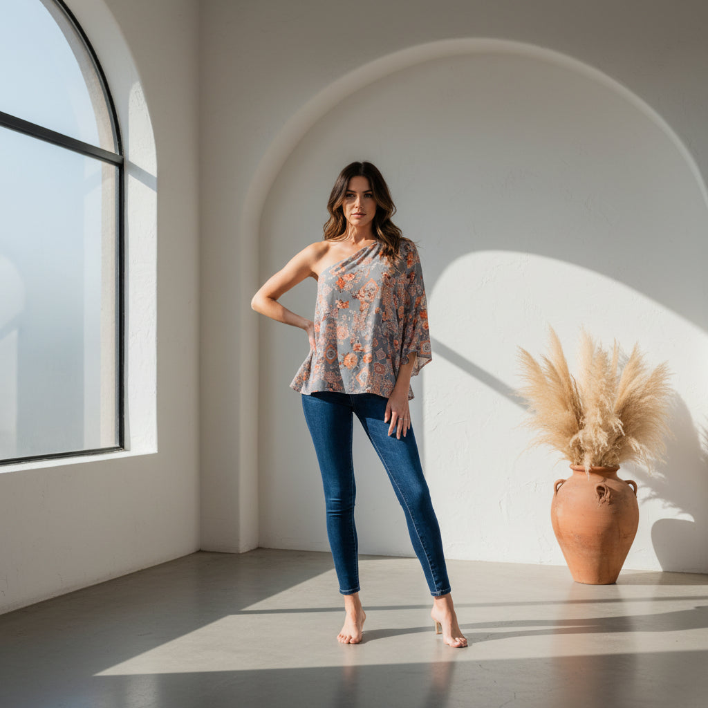 One Shoulder Floral Print Blouse