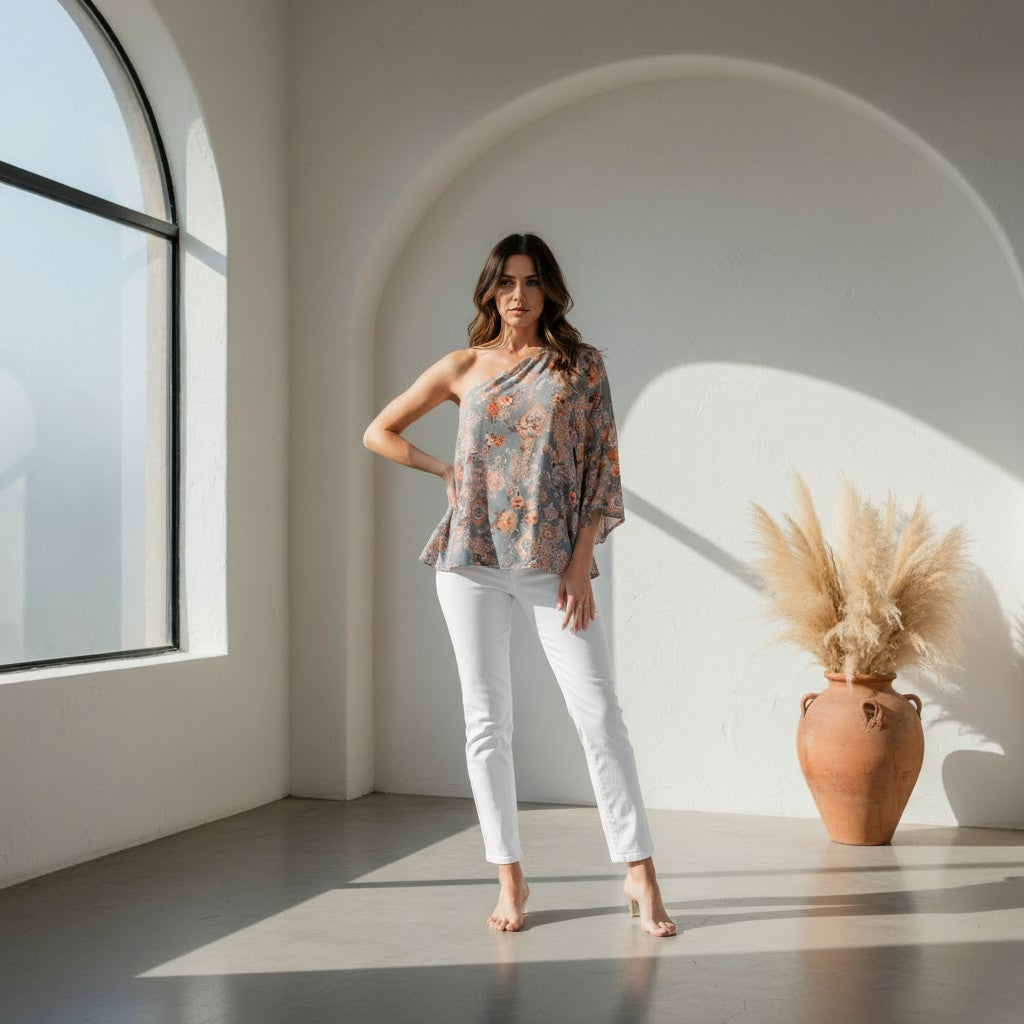 One Shoulder Floral Print Blouse
