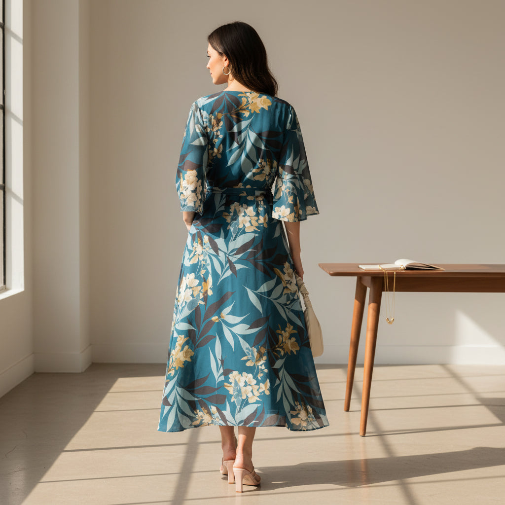 Teal Floral V-Neck Wrap Maxi Dress