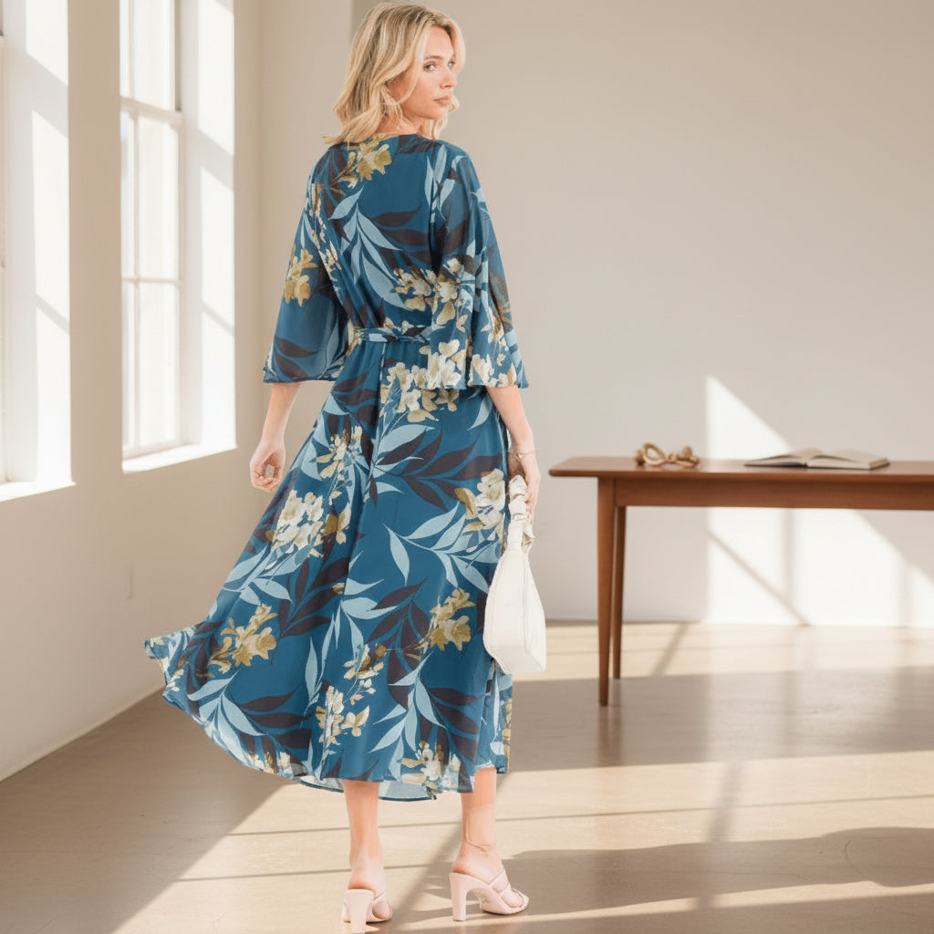 Teal Floral V-Neck Wrap Maxi Dress