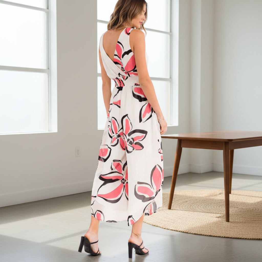 Pink Smock Waist Floral Jumpsuit