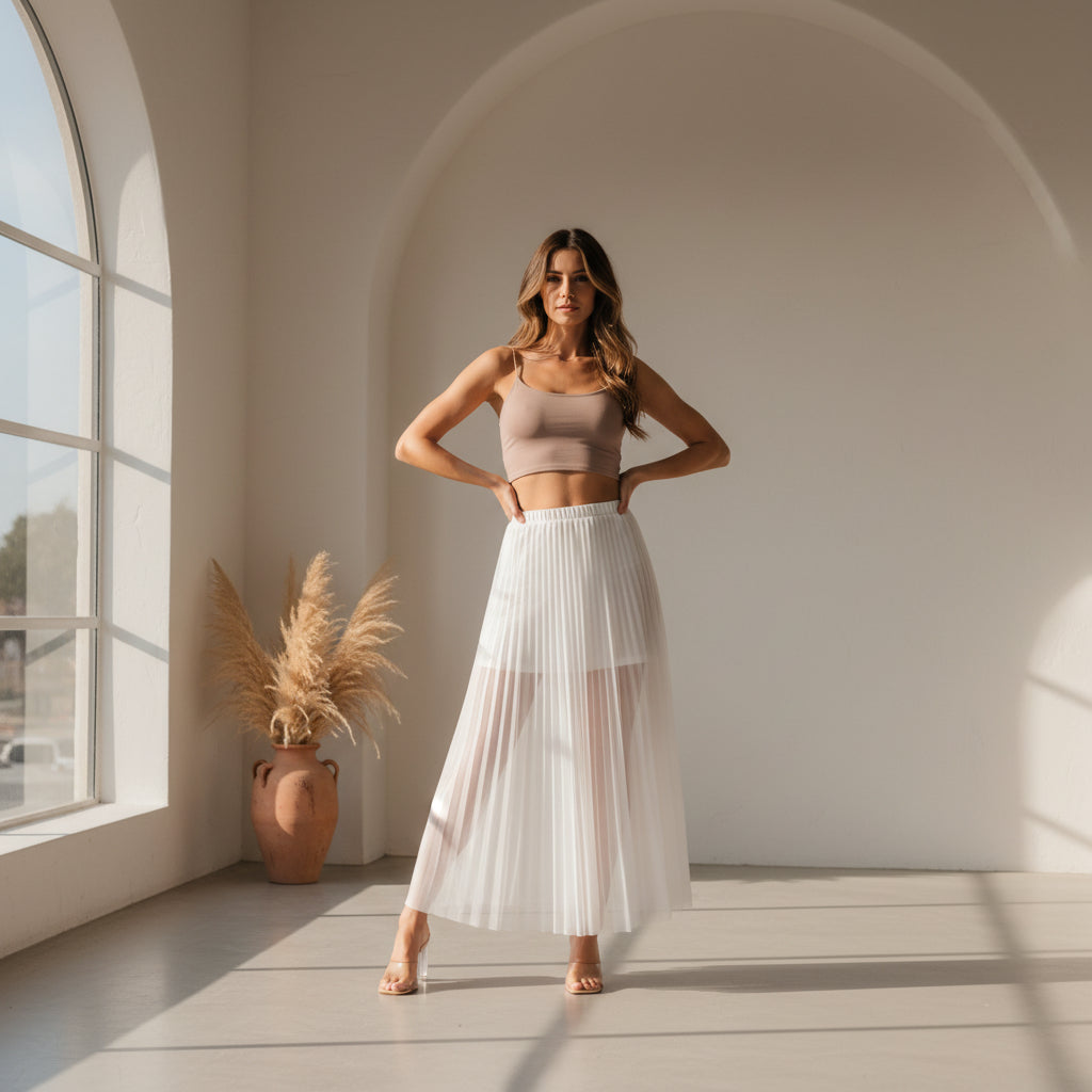Pleated White Maxi Skirt