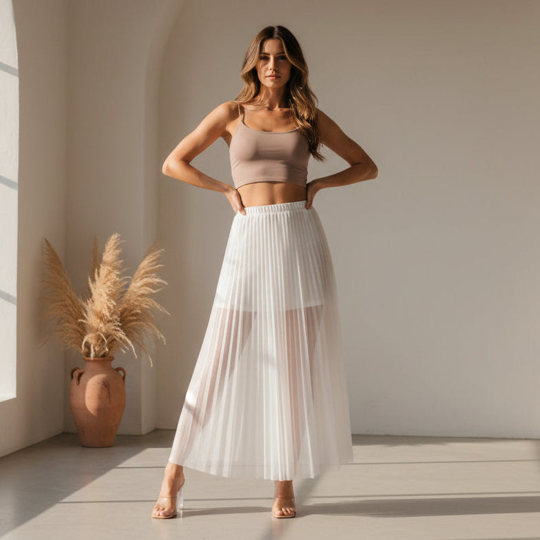 Pleated White Maxi Skirt