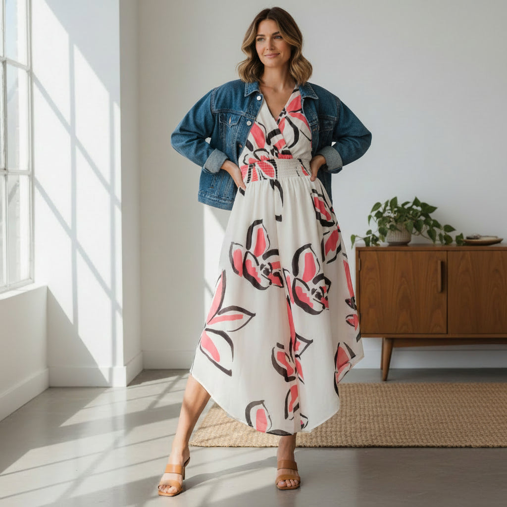 Pink Smock Waist Floral Jumpsuit
