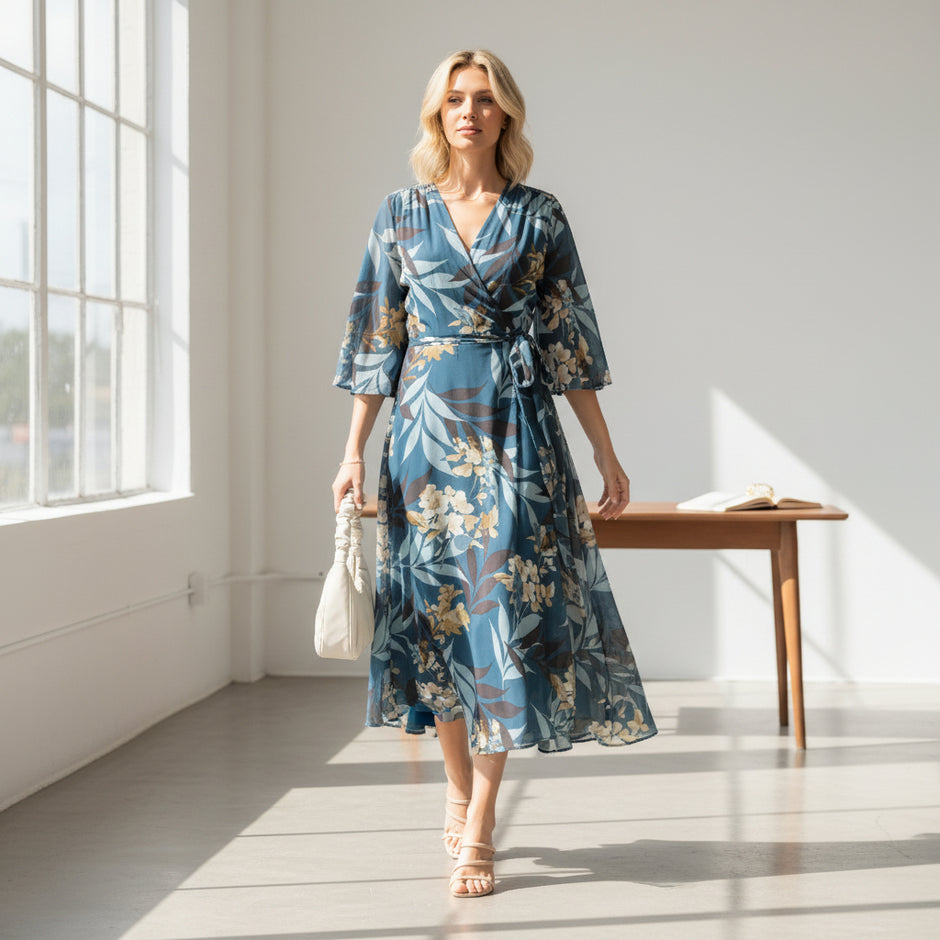 Teal Floral V-Neck Wrap Maxi Dress