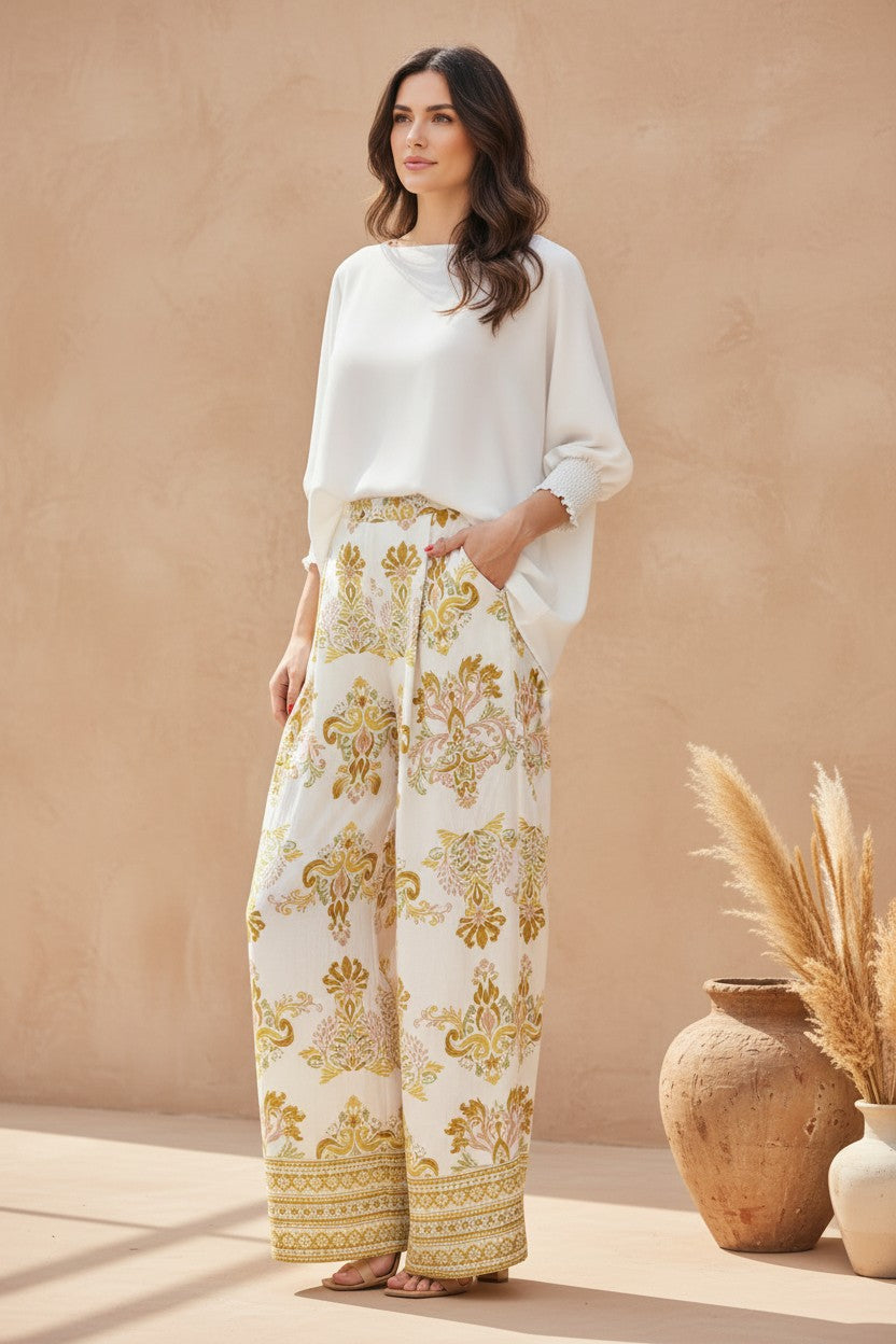 Mediterranean Damask Wide-Leg Pants