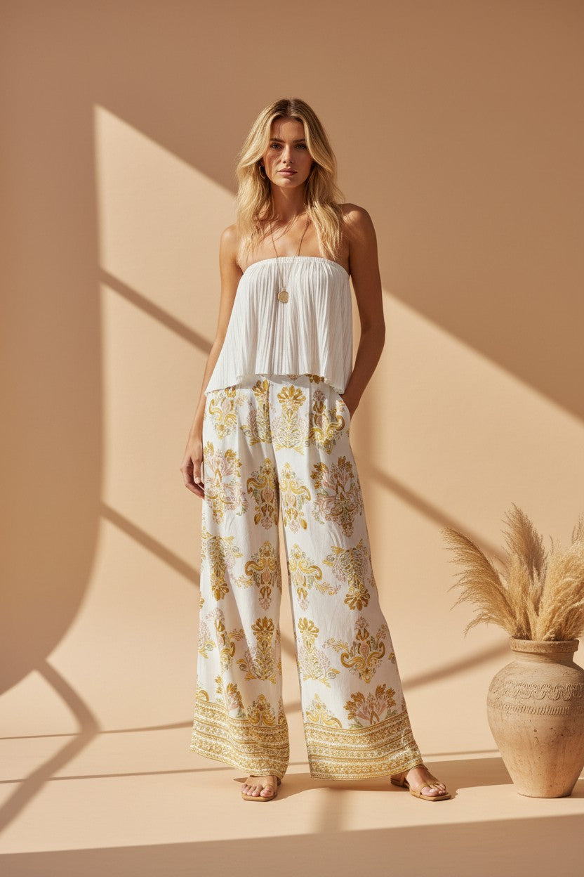 Mediterranean Damask Wide-Leg Pants