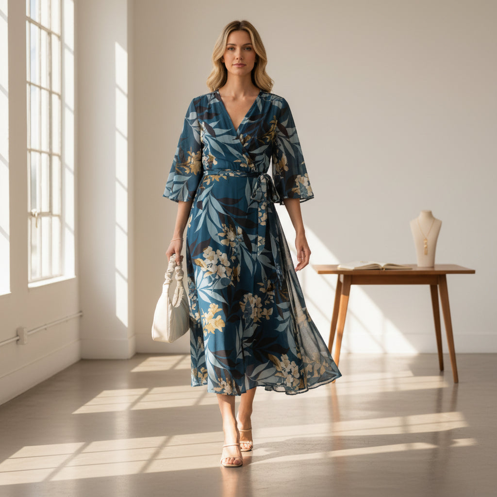 Teal Floral V-Neck Wrap Maxi Dress