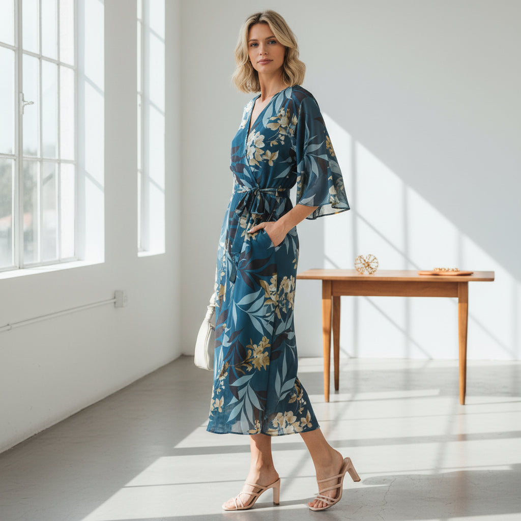 Teal Floral V-Neck Wrap Maxi Dress