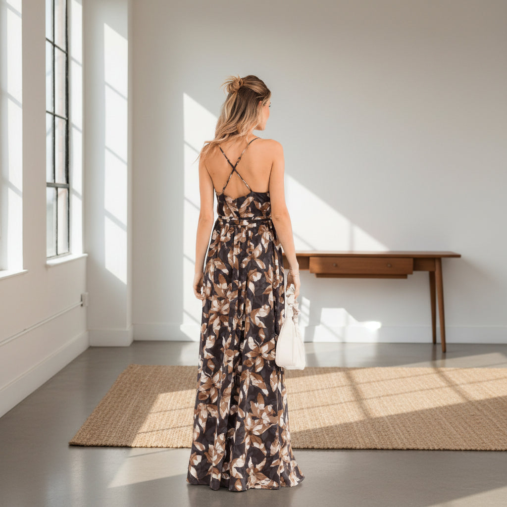 Open Back Floral V-Neck Maxi