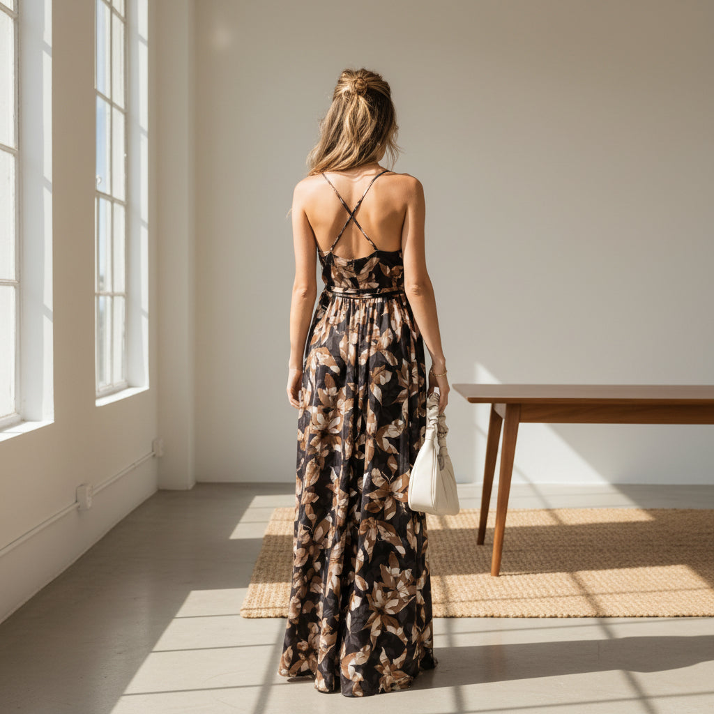 Open Back Floral V-Neck Maxi
