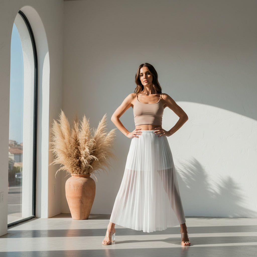 Pleated White Maxi Skirt