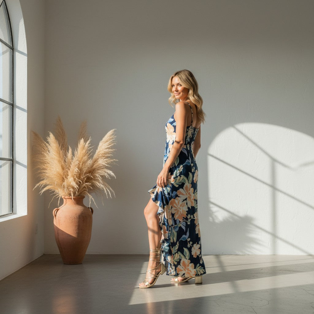 Ruffle High-Low Floral Maxi